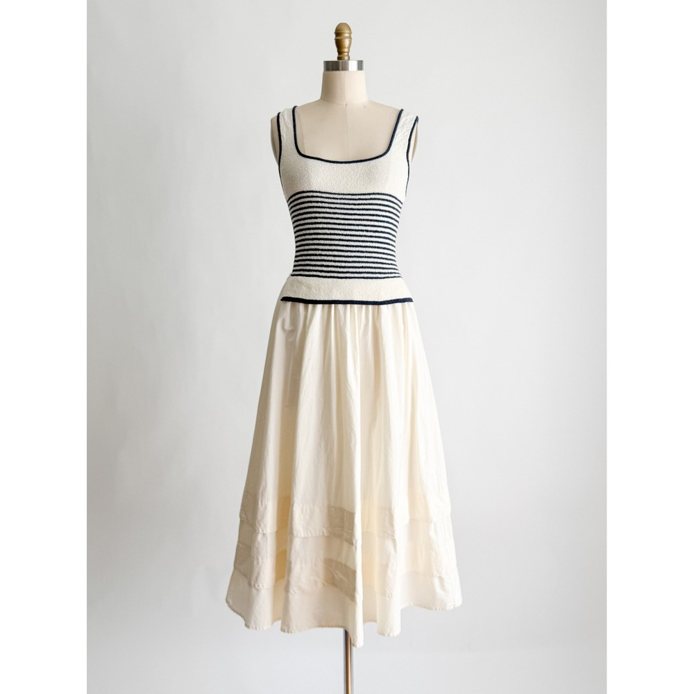 Moon River Midi Dress Nautical Striped Mixed Media XS Cream Navy Blue